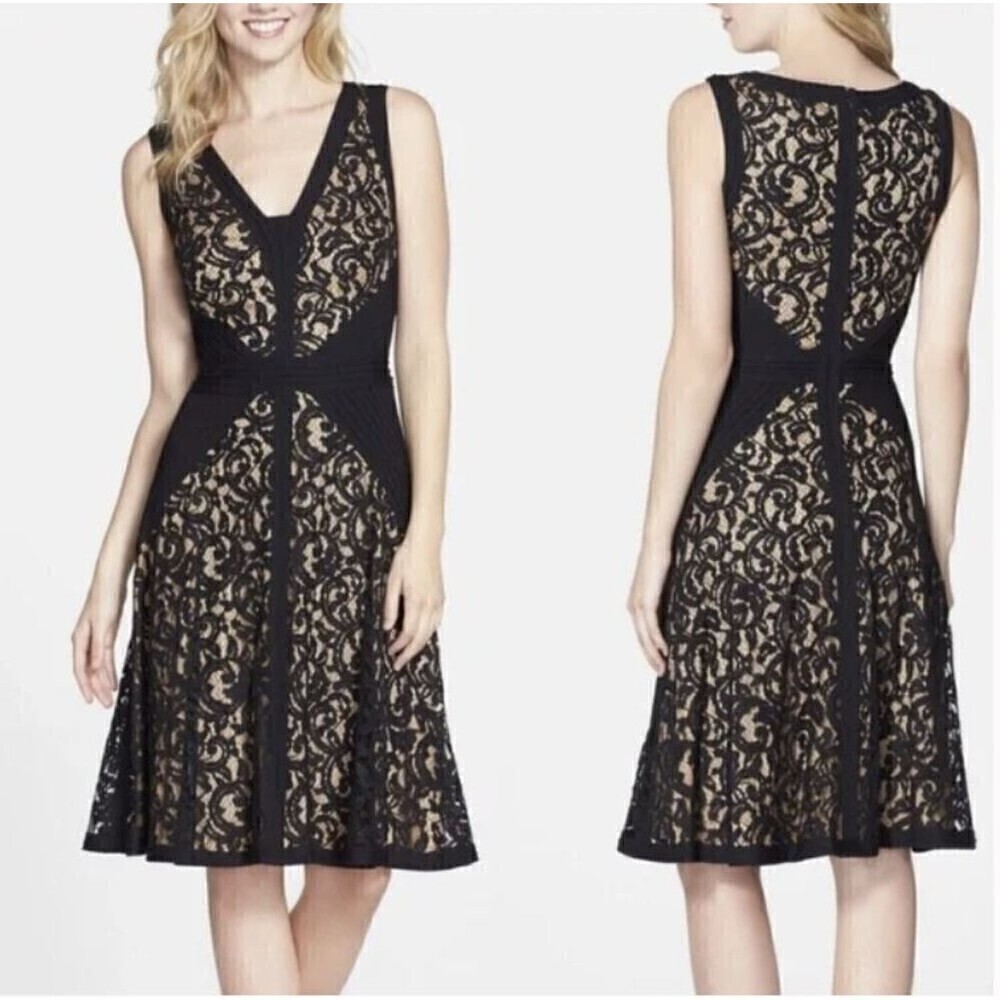 Tadashi Shoji Black Nude Lace Overlay Jersey Fit & Flare Pintuck Dress Size 4